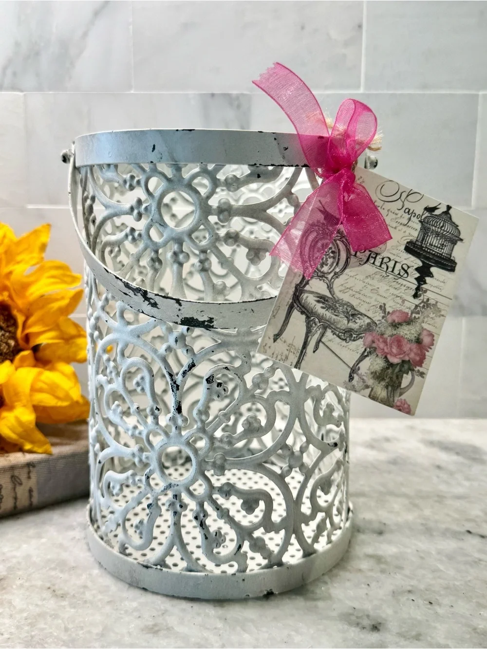 New Rustic Distressed Ornate Chippy White Metal Bucket Holder Decor - 7” x 5”